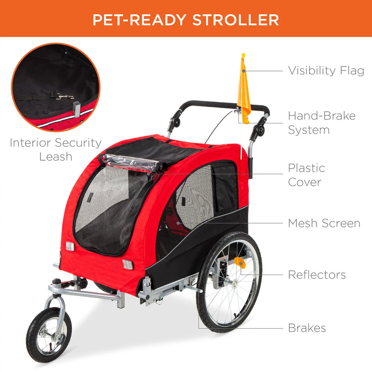 2-In-1 Dog Bike Trailer, Pet Stroller Bicycle Carrier W/ Hitch, Brakes, Visibility Flag, Reflector